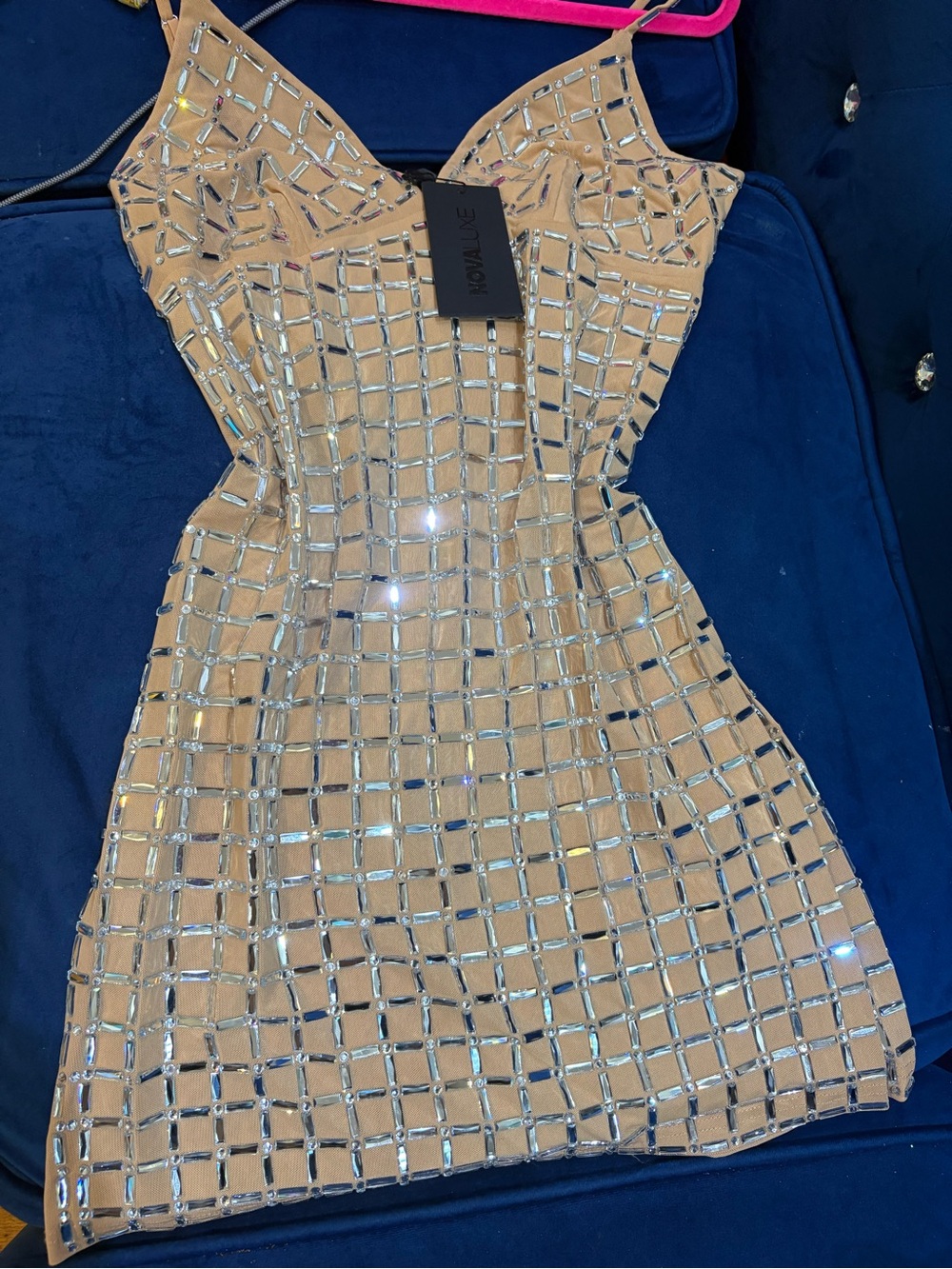 Fashion Nova Nude Sequin Grid Mini Dress